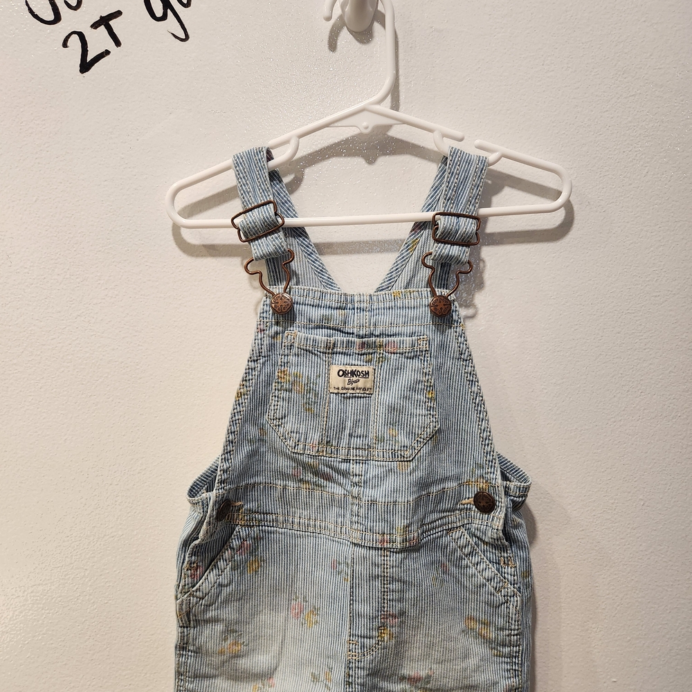 OshKosh B'Gosh Pin Stripe & Floral Denim Shortie Overalls 2T